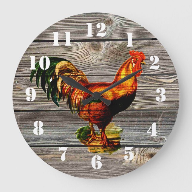 Rustic Country Rooster Kitchen Large Clock (Front)