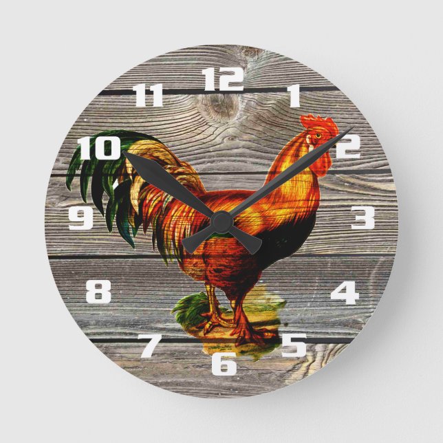 Rustic Country Rooster Kitchen Round Clock (Front)