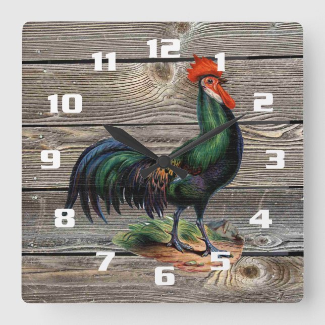 Rustic Country Rooster Kitchen Square Wall Clock (Front)