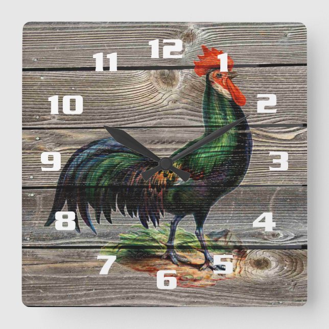 Rustic Country Rooster Kitchen Square Wall Clock (Front)