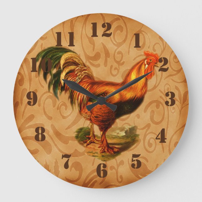 Rustic Country Rooster Ornate Kitchen Large Clock (Front)