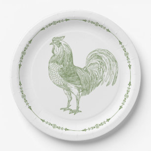Rustic Country Rooster Sage Green Paper Plate