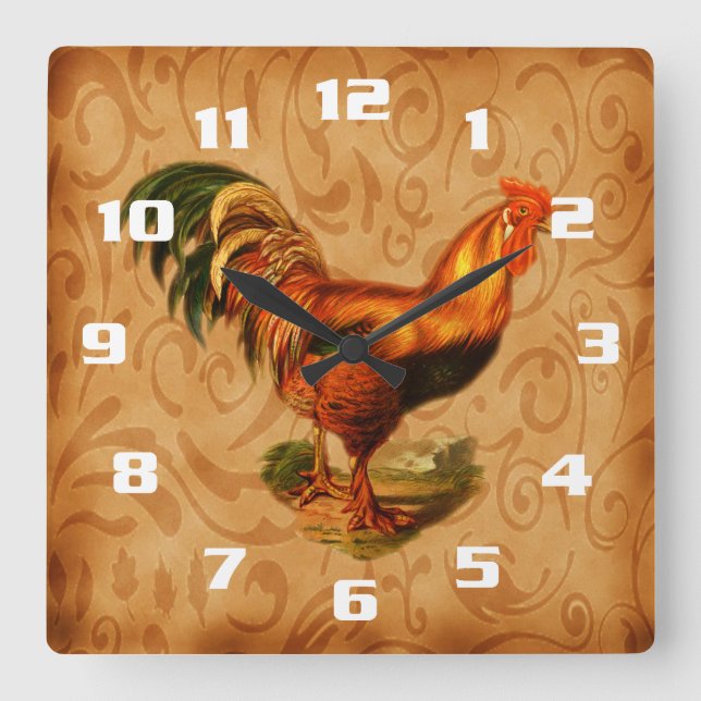 Rustic Country Rooster Square Wall Clock (Front)