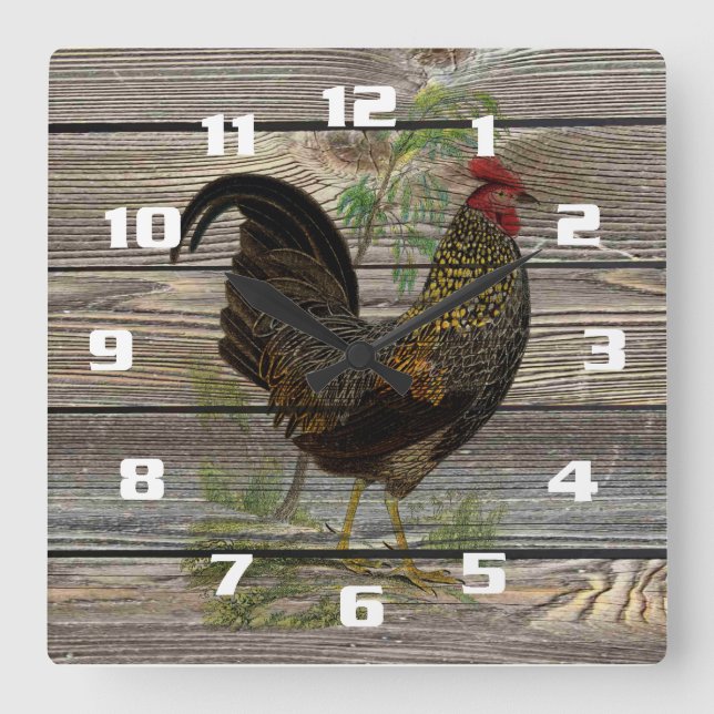 Rustic Country Rooster Square Wall Clock (Front)