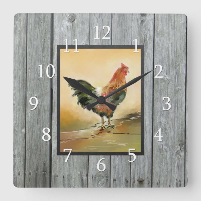 Rustic Country Rooster Wood Square Wall Clock (Front)