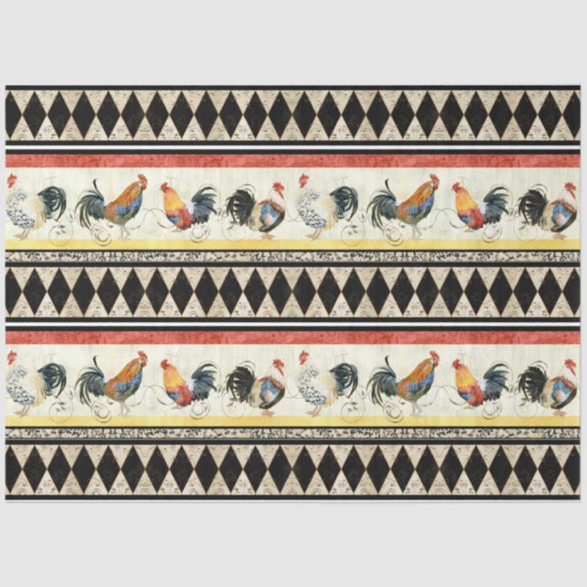 Rustic Country Roosters Harlequin Black Decoupage Tissue Paper (Front)