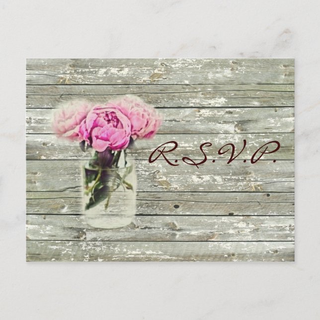 rustic country rose mason jar wedding rsvp invitation postcard (Front)