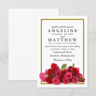 Rustic Country Roses Gold Border Floral Wedding Invitation