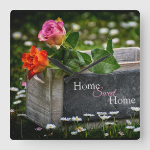 Rustic Country Roses, Home Sweet Home Square Wall Clock