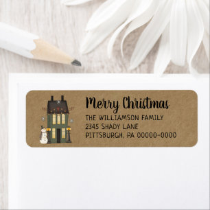 Rustic Country Saltbox House & Snowman Return Address Label
