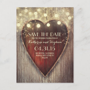 Rustic country save the date & carved heart lights announcement postcard