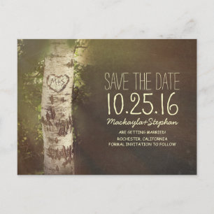 Rustic country save the date with birch tree announcement postcard