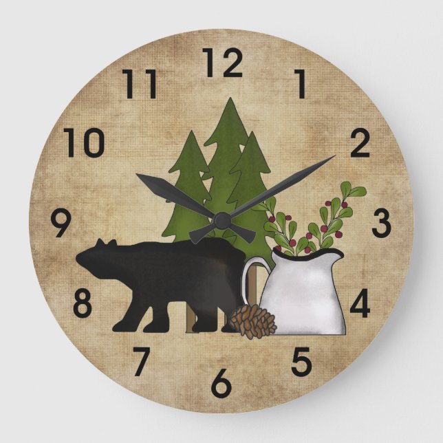 Rustic Country Silhouette Bear and Trees Mountain Large Clock (Front)