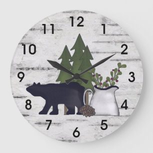 Rustic Country Silhouette Bear and Trees on Birch Large Clock