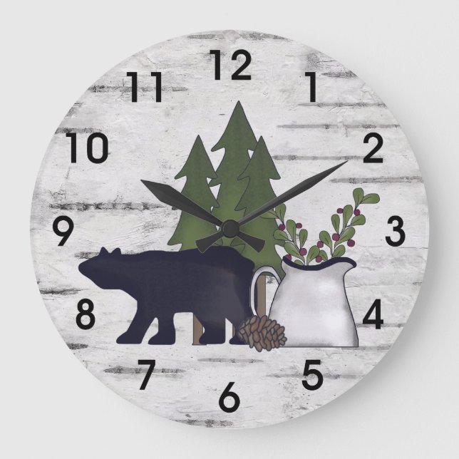 Rustic Country Silhouette Bear and Trees on Birch Large Clock (Front)