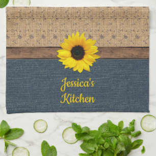 Rustic Country Simulated Burlap Denim Sunflower Tea Towel