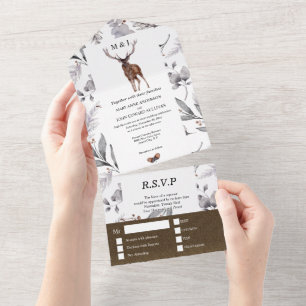 Rustic country stag watercolor fall foliage all in one invitation