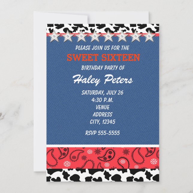 Rustic Country Stars & Cow Print Bandanna Party Invitation (Front)