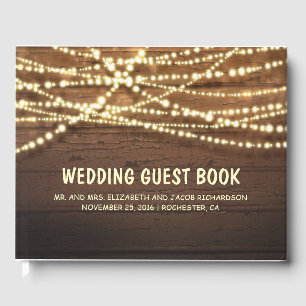 Rustic Country String Lights Barn Wood Wedding Guest Book