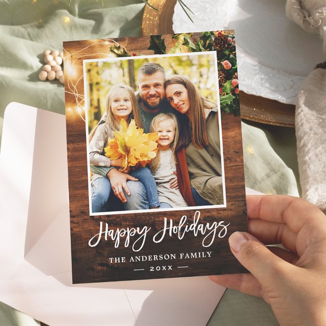 Rustic Country String Lights Family Portrait Photo Holiday Card (Creator Uploaded)