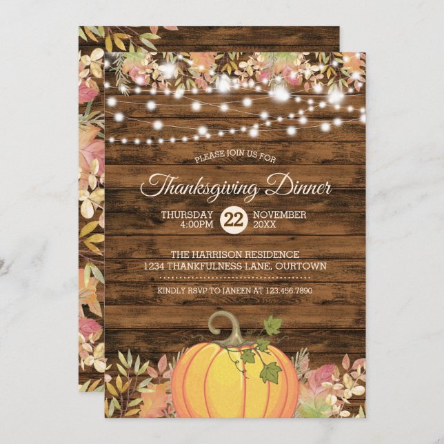 Rustic Country String Lights Pumpkin Thanksgiving Invitation (Front/Back)