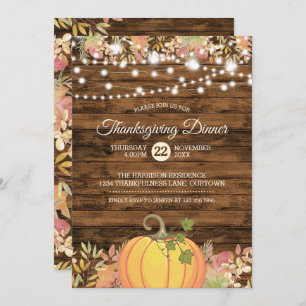 Rustic Country String Lights Pumpkin Thanksgiving Invitation
