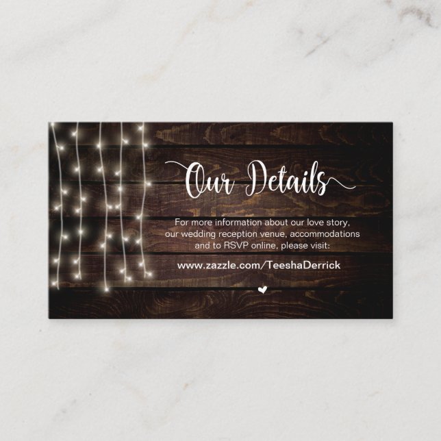 Rustic Country String Lights, Wedding Details Enclosure Card (Front)