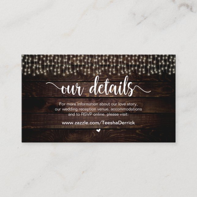Rustic Country String Lights, Wedding Details Enclosure Card (Front)