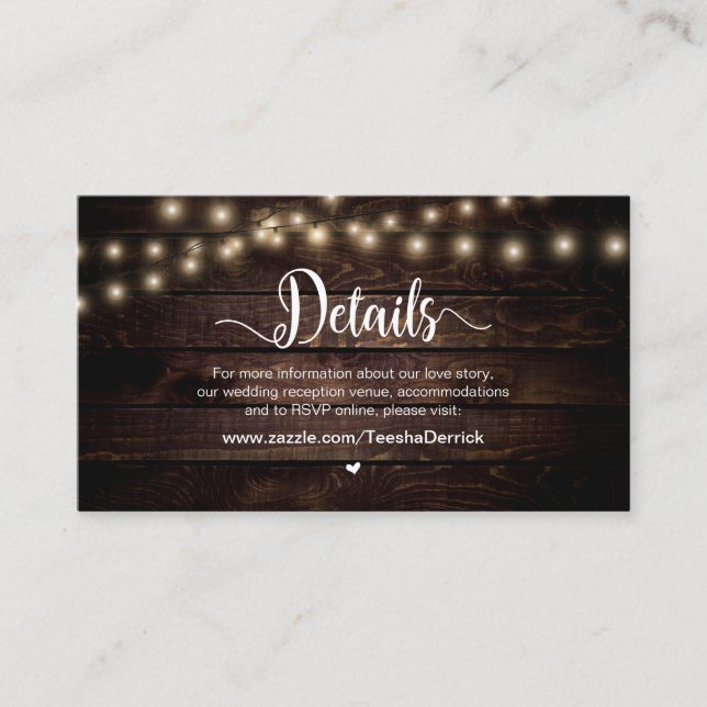 Rustic Country String Lights,  Wedding Details Enclosure Card (Front)
