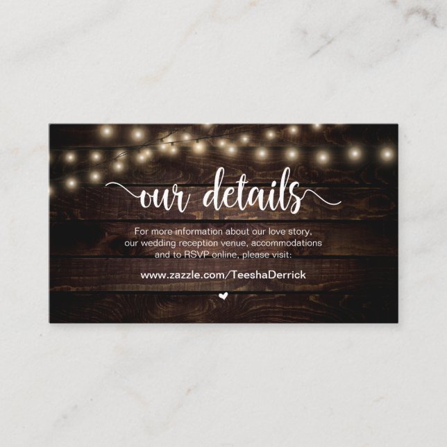 Rustic Country String Lights,  Wedding Details Enclosure Card (Front)