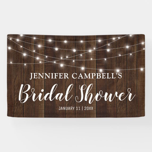 Rustic Country String Lights Wood Bridal Shower Banner (Horizontal)