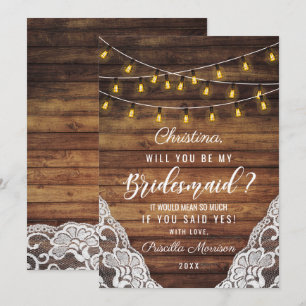 Rustic Country String Lights Wood Lace Bridesmaid Invitation