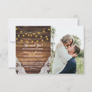 Rustic Country String Lights Wood Lace Engagement Announcement