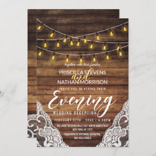 Rustic Country String Lights Wood Lace Evening Invitation