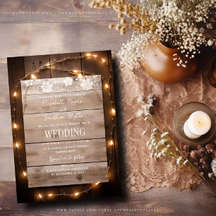 Rustic Country String Lights Wood Lace Wedding Invitation