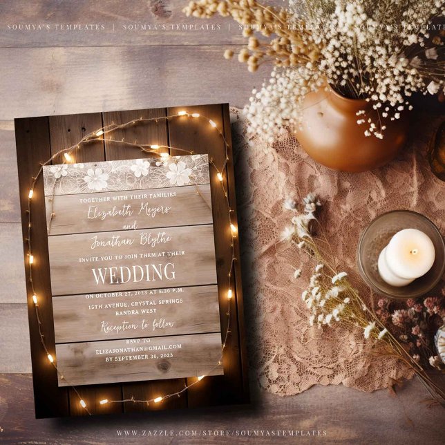 Rustic Country String Lights Wood Lace Wedding Invitation (Creator Uploaded)