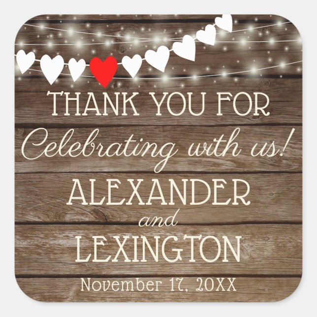 Rustic Country String Of Lights Wedding Favour Square Sticker (Front)