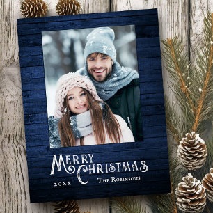 Rustic Country Stylish Photo Blue Wood Plank Print Holiday Postcard