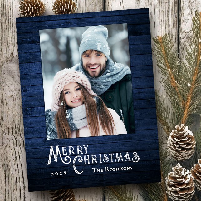 Rustic Country Stylish Photo Blue Wood Plank Print Holiday Postcard (Creator Uploaded)
