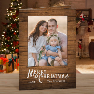 Rustic Country Stylish Photo Wood Plank Print Holiday Card