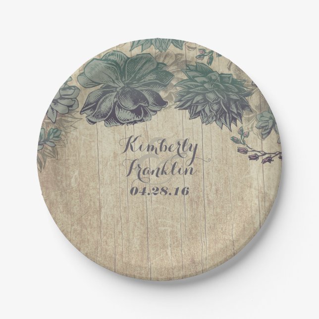 Rustic Country Succulents Wreath Wedding Paper Plate (Front)