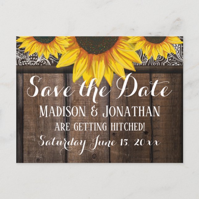 Rustic Country Sunflower Barn Wood Save the Date Postcard (Front)