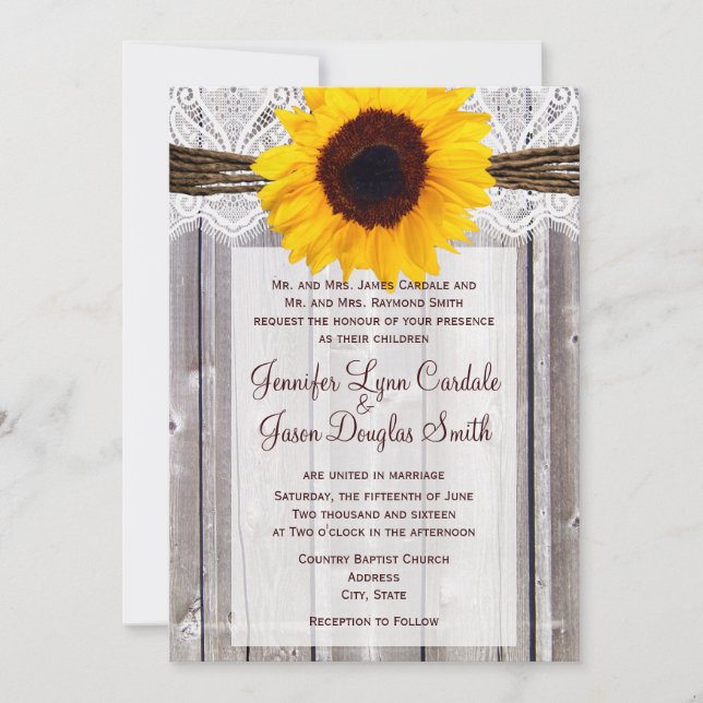 Rustic Country Sunflower Barn Wood Wedding Invites (Front)