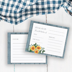 Rustic country sunflower bridal shower recipe card