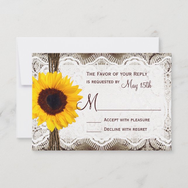 Rustic Country Sunflower Lace Twine Wedding RSVP (Front)