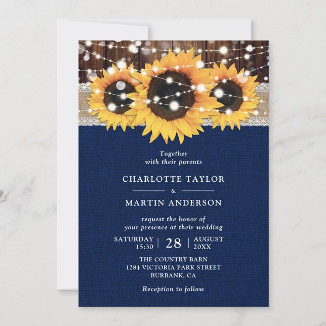 Rustic Country Sunflower Navy Blue Wedding Invitation (Front)