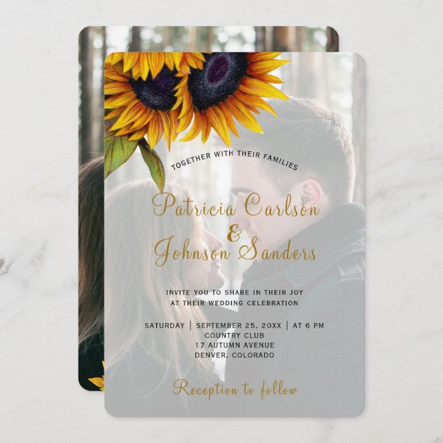 Rustic country sunflower photo wedding invitation (Front/Back)
