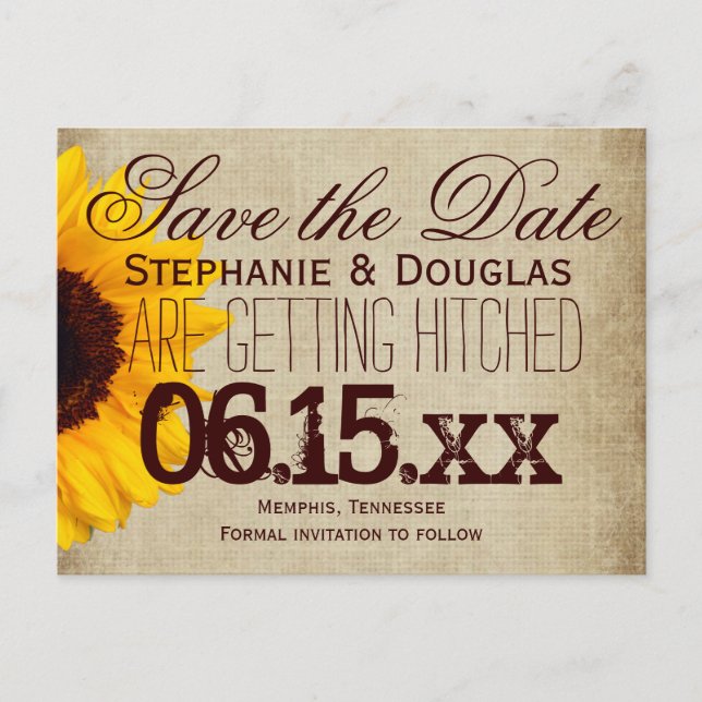 Rustic Country Sunflower Save the Date Postcards (Front)