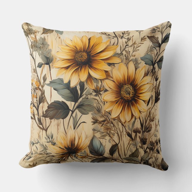 Rustic Country Sunflower Shabby Chic Flower Floral Cushion (Front)
