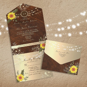 Rustic Country Sunflower String Lights Wedding All In One Invitation